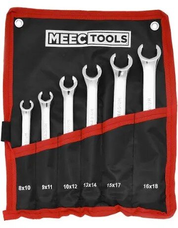 Uppsättning av sju MEEC Tools ringnycklar i olika storlekar, förvarade i en svart och röd verktygspåse.