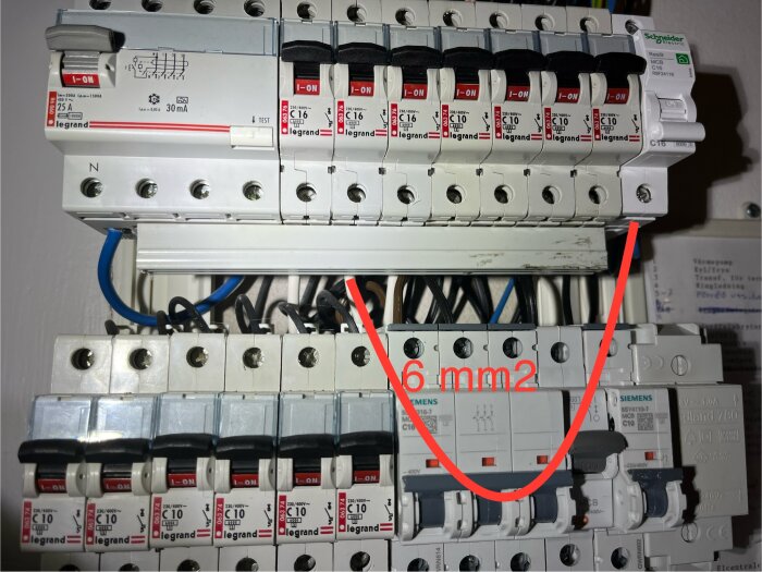 Elcentral med automatsäkringar, där en 6 mm²-kabel används som bygel istället för en fasskena.