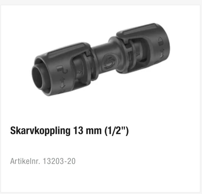 Skarvkoppling 13 mm (1/2") i svart plast, artikelnummer 13203-20.