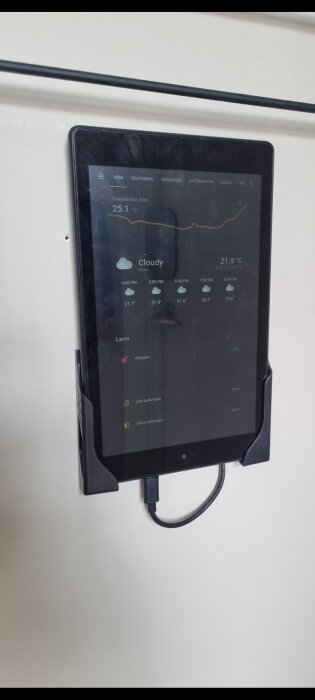 En Amazon Fire Tablet monterad på väggen med en Dockem Koala hållare, visar väderprognosen och inomhustemperaturen på skärmen, ansluten med en laddkabel.