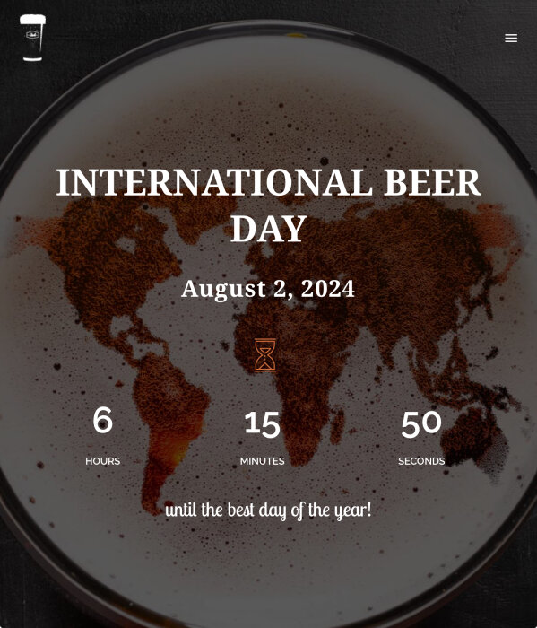 En bild av en ölbägare där skummet och färgen bildar en världskarta, med texten "International Beer Day, August 2, 2024" och en nedräkning.