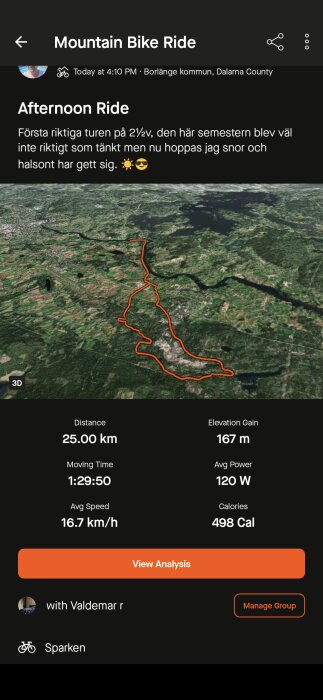 Skärmbild av en mountainbike tur i Borlänge kommun, med en karta över turen, distans 25 km, genomsnittsfart 16,7 km/h, klättring 167 m och förbrända kalorier 498.