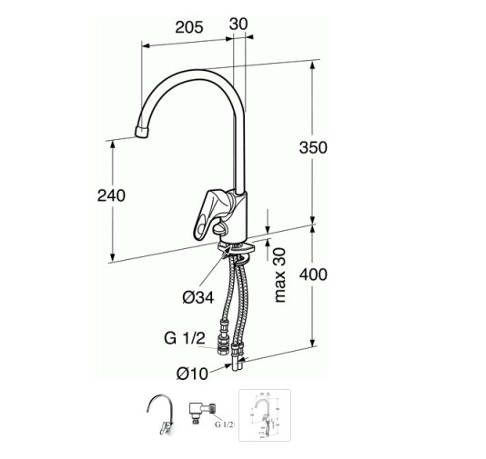 Teknisk ritning av kökskran med dimensioner, inklusive höjd, diameter, rörstorlek och andra specifikationer.