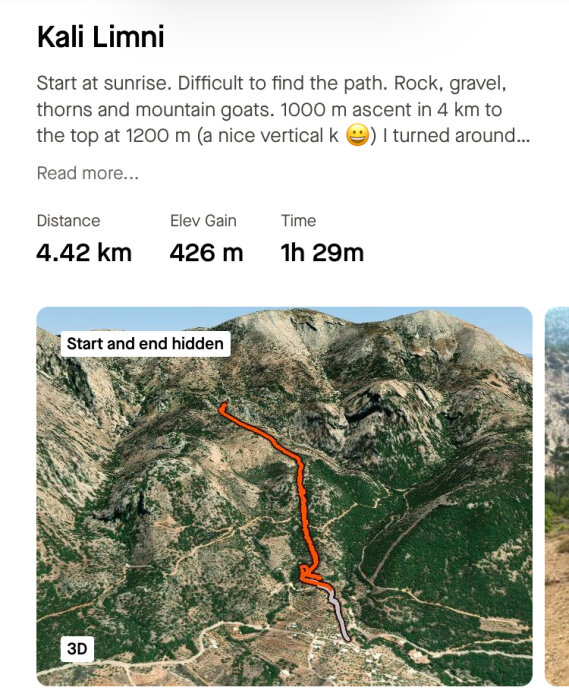 3D-karta över Kali Limni-vandring med en markerad stig över bergsterräng. Eti keringarna börjar och slutar i en by; distansen är 4,42 km med 426 m i höjdökning.