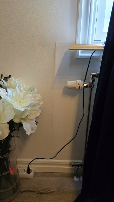 Spricka i väggen intill ett sovrumsfönster, med en radiator och vit blomma i närheten. En del av sprickan verkar tidigare lagad.