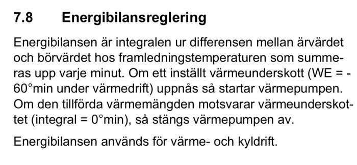 Text från en manual för energibalansreglering, beskriver hur skillnaden mellan värde och börvärde styr start och stopp av värmepump beroende på värmeunderskott.