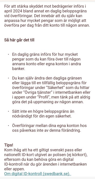 Informationsskärm med text om nya dagliga beloppsgränser för överföringar som införs i april 2024 för att stärka skyddet mot bedrägerier.