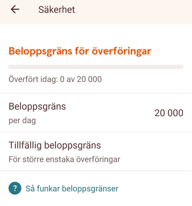 Skärmdump från en bild av en banks säkerhetssida som visar beloppsgränser för överföringar, vilket inkluderar dagliga gränser och tillfälliga beloppsgränser.