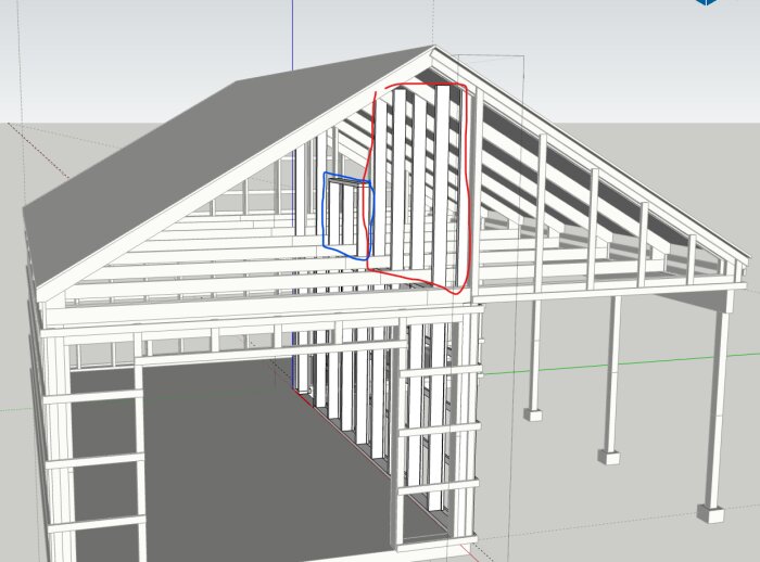 Byggnadsritning av garage med markeringar i rött och blått för att visa funderingar kring väggkonstruktion mellan isolerat garage och carport.