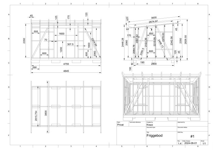 Ritning av en friggebod med måttangivelser. Visar olika perspektiv, inklusive sidovyer, frontvy och takvy, med detaljerade specifikationer.