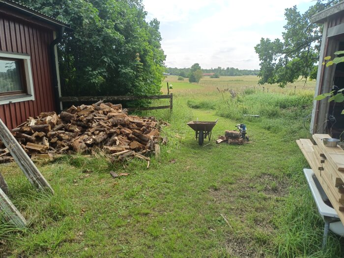 Vedklyvning vid ett rött hus i lantlig miljö, en stor vedhög på marken, en skottkärra står i gräset samt plankor redo för målning.