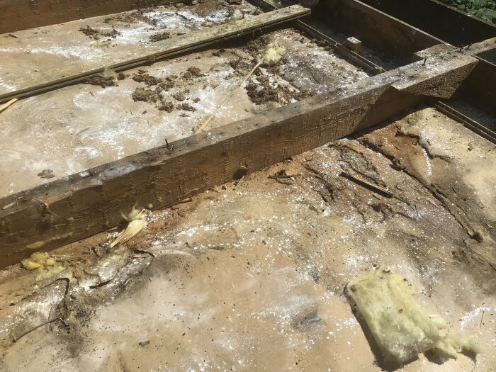 Skadade och fuktiga takstolar samt råspont efter att ytpappen rivits bort. Fläckar av mögel och skadat isoleringsmaterial på takytan.