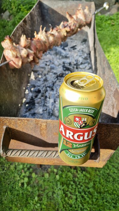 En grill med en spett med köttbit över glöden, med en ölburk Argus Czech Lager Beer i förgrunden.