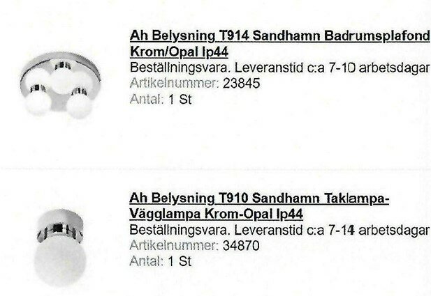 Två typer av taklampor för badrum från Ah Belysning: Sandhamn badrumsplafond (IP44) och Sandhamn taklampa/vägglampa krom-opal (IP44) med artikelnummer och beställningsinfo.