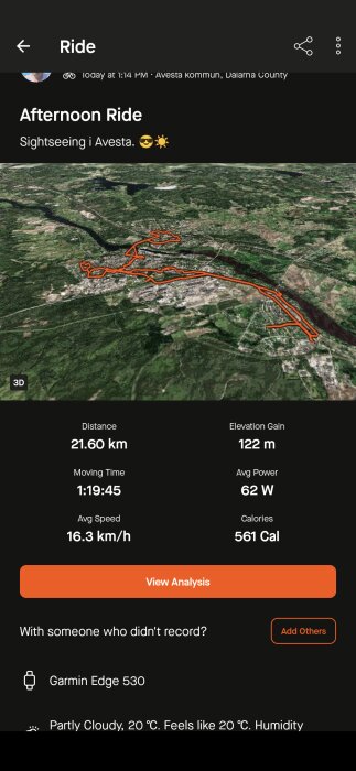 En sammanfattning av en cykeltur i Avesta med karta, distans på 21,60 km, höjdstigning på 122 m, medelhastighet på 16,3 km/h och förbrukade kalorier på 561 Cal.