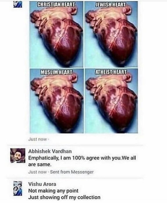 Fyra bilder av identiska hjärtan märkta med "Christian Heart", "Jewish Heart", "Muslim Heart" och "Atheist Heart", följt av två kommentarer som diskuterar deras likhet.