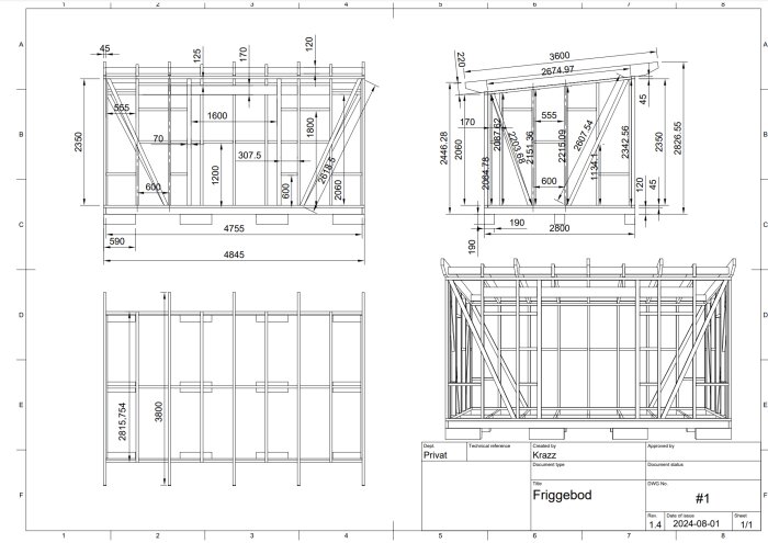Ritning av en frigggebod med måttangivelser och olika vyer som visar strukturen och konstruktionen av byggnaden.