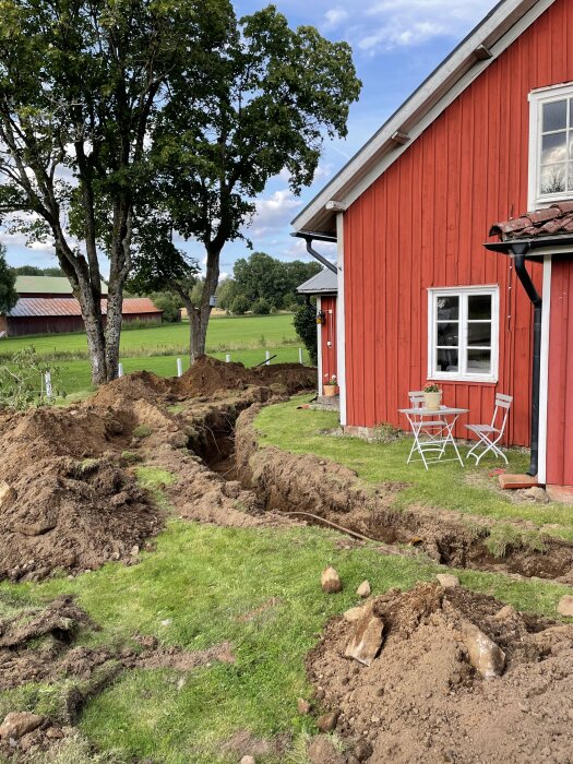 Gröna gräsmattor med utgrävningar nära ett rödmålat hus, med stenar och jordhögar, träd i bakgrunden.