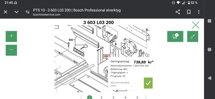 Exploderad vy av reservdelar till PTS 10 på Boschtoolservice.com, markerar geringanslag med pris 738,89 kr och reservdelsnummer 1 609 203 S51.