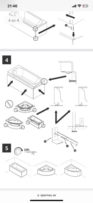 Illustration av monteringsanvisning för badkar, visar hur badkaret ska fästas i väggen och hur frontpanelen kan lossas för åtkomst till golvbrunnen.