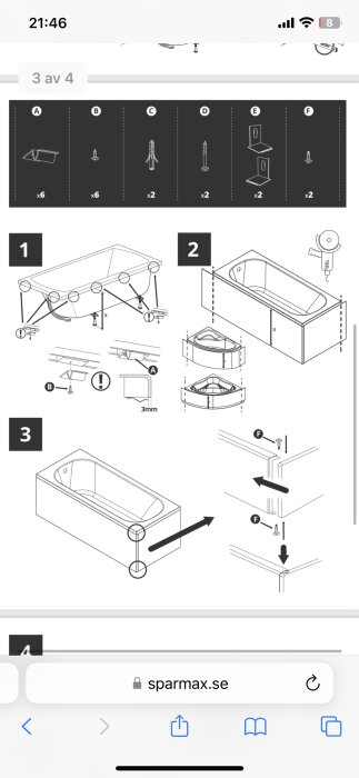 Illustration av monteringsanvisningar för fast badkar med detaljer om fästelement och steg för steg-instruktioner för montering av front- och sidopaneler.