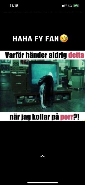 En meme med texten "HAHA FY FAN" och "Varför händer aldrig detta när jag kollar på porr?!" visar en läskig figur som kryper ut ur en TV-skärm.