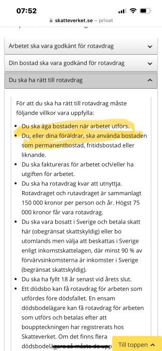 En sida på Skatteverkets hemsida om ROT-avdrag med en gul markering på texten "Du, eller dina föräldrar, ska använda bostaden som permanentbostad, fritidsbostad eller liknande.