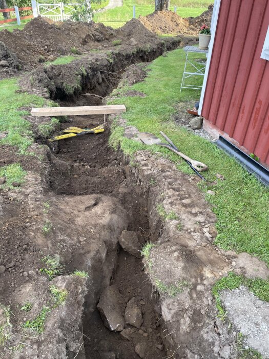 Grävt dike nära ett rött hus med synliga jord- och bergslag. Verktyg och en planka ligger i diket, där grävor verkar pågå i den gräsbevuxna trädgården.