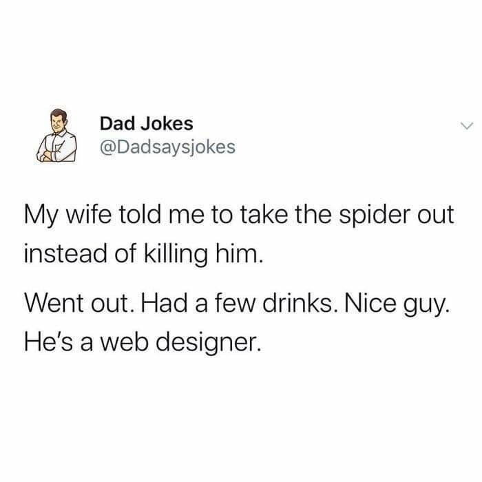 Twitter-inlägg av @Dadsaysjokes med texten: "My wife told me to take the spider out instead of killing him. Went out. Had a few drinks. Nice guy. He's a web designer.