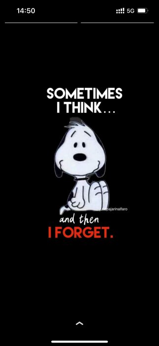 Svart bakgrund med bild på en tecknad hund som säger "Sometimes I think... and then I forget." Texten "I forget" är i rött.