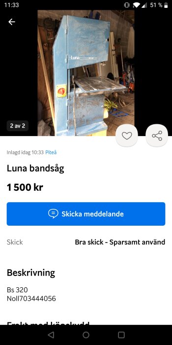 Blå Luna bandsåg, modell BS 320, i bra skick, till salu för 1500 kr.