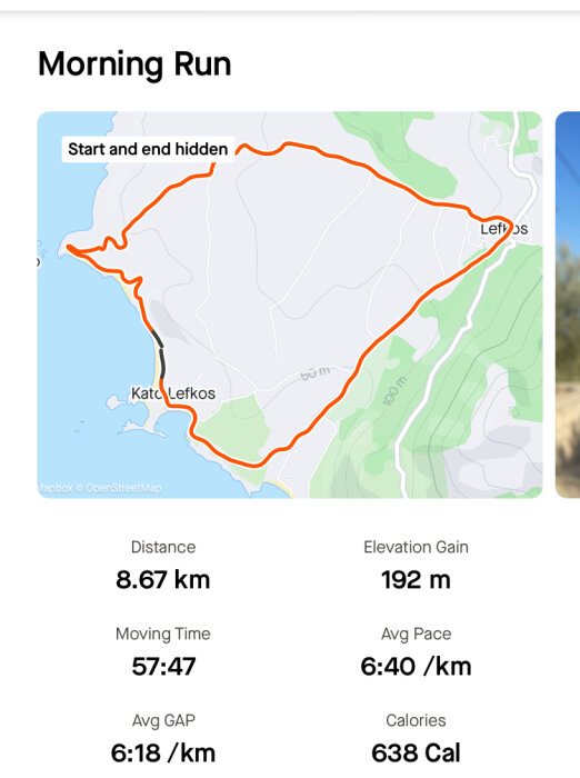 Karta av en löptur på 8,67 km runt Lefkos med en upphöjning av 192 m. Löpdata inkluderar tid 57:47, genomsnittlig takt 6:40/km och brända kalorier 638 cal.