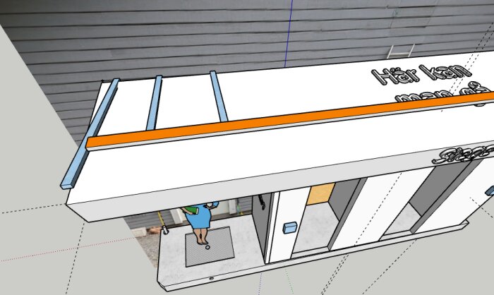 3D-ritning som visar takstöd ovanpå ett vedförråd med tre reglar i blått och en i orange. En person står vid groventrén nedanför.