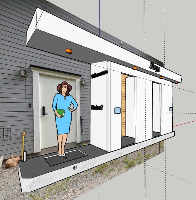 Illustration av vedförråd med tak som sträcker sig ut från ett hus, skapad i SketchUp. Figuren är markerad med blå reglar som symboliserar bärande delar.