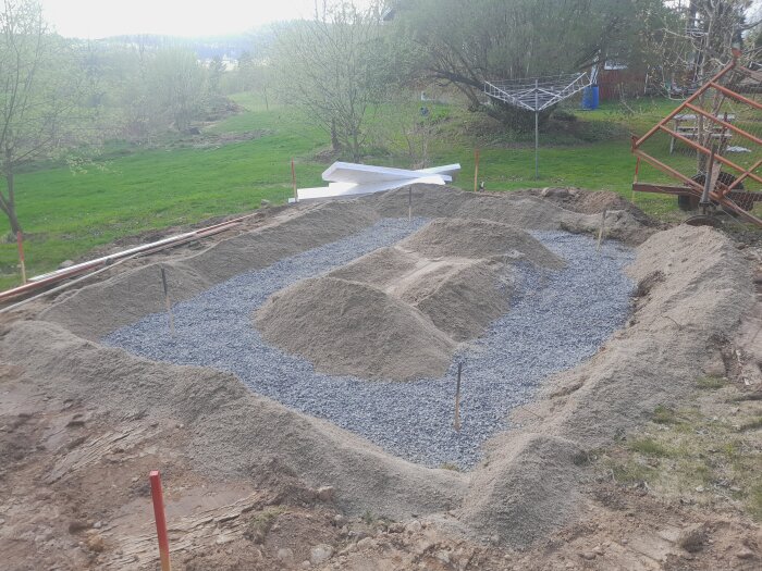 Nygrävd grund och grusad yta för växthus, beläget på en gräsmatta med träd och trädgårdsredskap i bakgrunden.