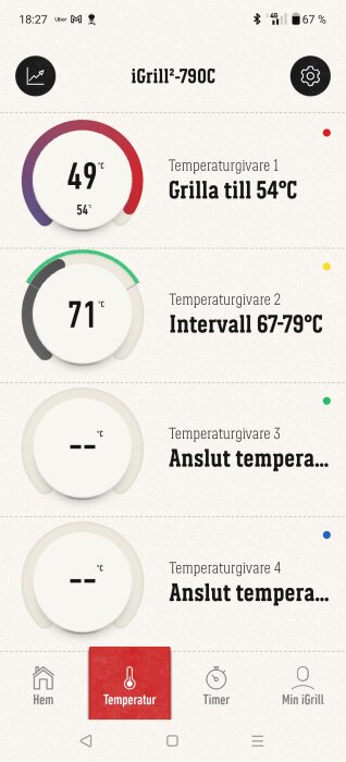 Grilltermometerskärm för iGrill med två aktiva temperaturgivare, en på 49°C och en på 71°C, och två inaktiva givare. Alternativ för temperatur, timer och Min iGrill.