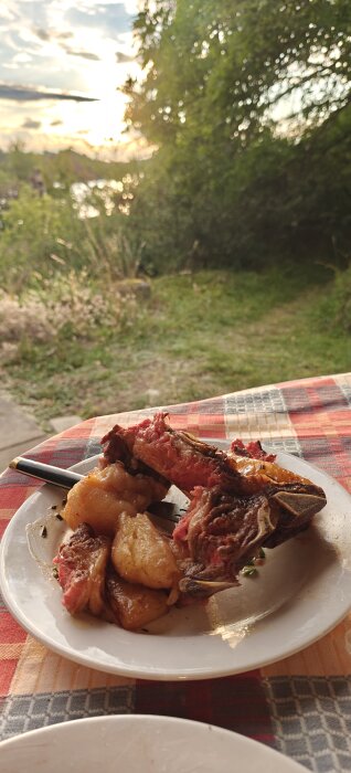 En tallrik med en tillagad t-bone steak och potatis på ett rödvitrutigt bord utomhus med bakgrund av träd och solnedgång.