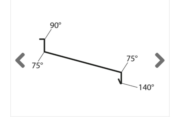 Diagram av ett bleck med olika vikbara vinklar: 90 grader, 75 grader, 140 grader, och 75 grader.