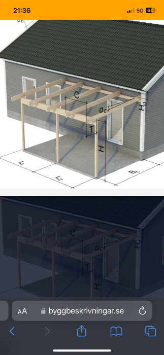 3D-modell av terrassbyggande med angivna mått. Dimensionerna för bredd, längd och stolphöjd markeras.