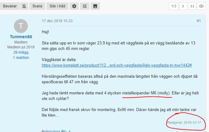 Skärmbild av diskussionsinlägg där användaren Tummen86 frågar om korrekt montering av en tv med väggfäste, funderar på att använda metalloexpander M6 (molly).