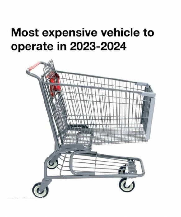 Bild på en tom shoppingvagn med texten "Most expensive vehicle to operate in 2023-2024" ovanför den.