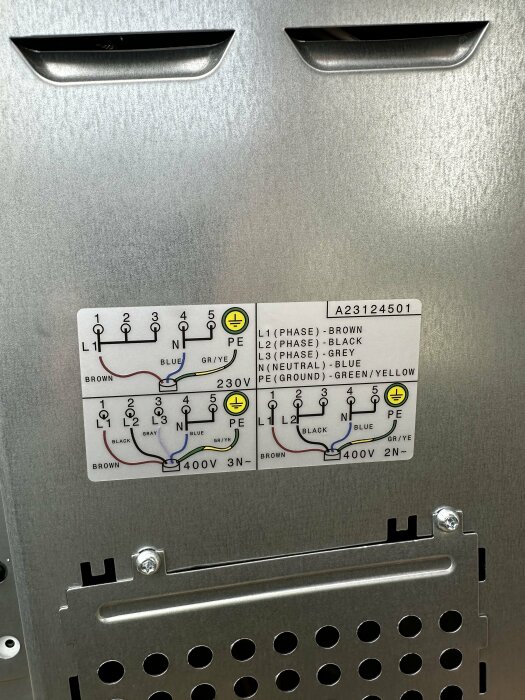 Anslutningsschema för elektrisk spis på 230V med en fas och 400V med tre faser, visar kablar och färger för L1, L2, N och PE.