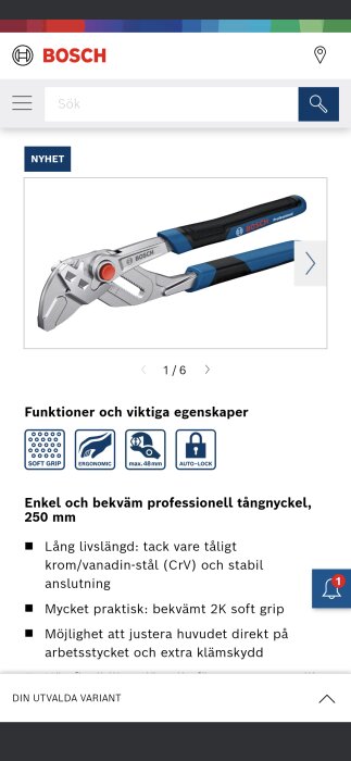 Bild av en ny 250 mm tångnyckel från Bosch Professional med ergonomiska handtag och auto-lock-funktion, visas på en produktwebbsida.