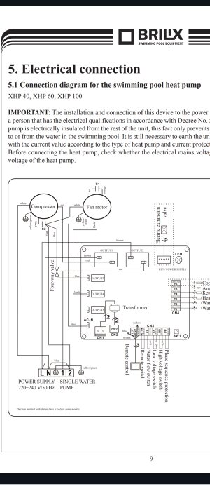 Elektriskt kopplingsschema för en poolvärmepump från Brilix, inklusive kompressor, fläktmotor, fyrvägsventil och elektrisk expansionsventil.