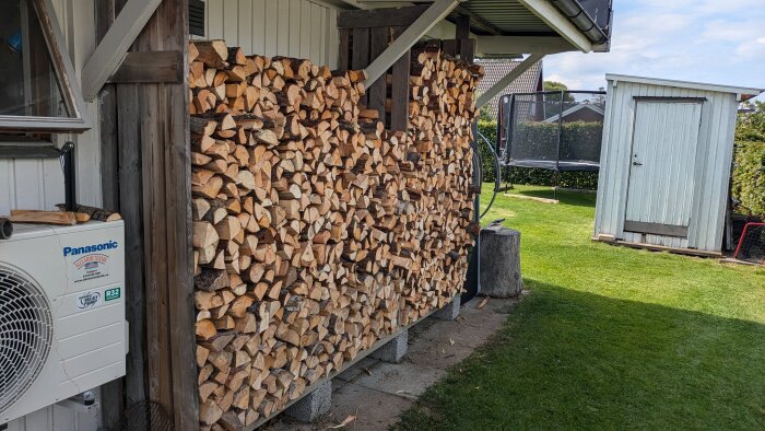 Vedstapel under tak bredvid husvägg, luftvärmepump till vänster, gräsmatta, trädgård och ett litet vitt förråd i bakgrunden.