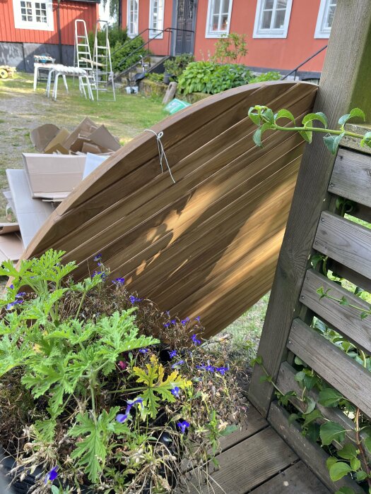 Rundskena av trä lutar mot en pergola i en trädgård med rödhus i bakgrunden. I förgrunden syns en krukväxt med gröna blad och blommor.