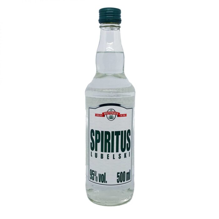 Flaska med texten "SPIRITUS LUBELSKI", 95% vol. och 500 ml.