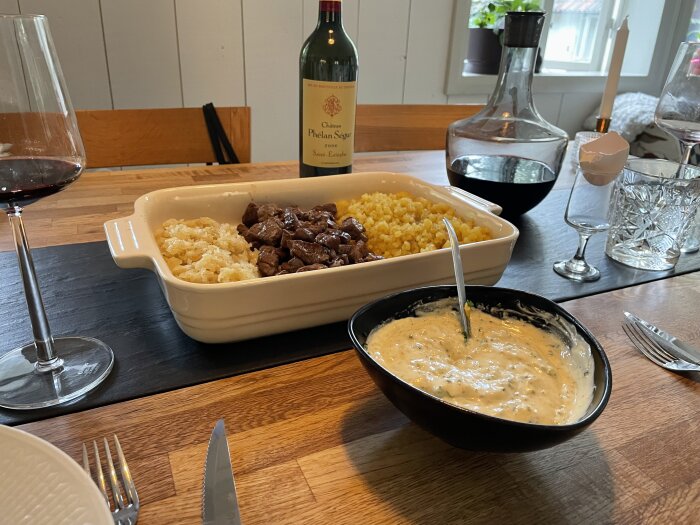 Oxfilé à la Rydberg, en traditionell svensk maträtt, serverad med en skål sås, ett glas rött vin och en vinflaska i bakgrunden på ett dukat matbord.