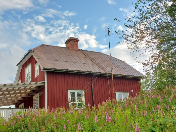 Rött hus med brunt plåttak, vita knutar och fönsterfoder. Skorsten mitt på taket och en TV-antenn på hög mast. Blommande buskar i förgrunden.