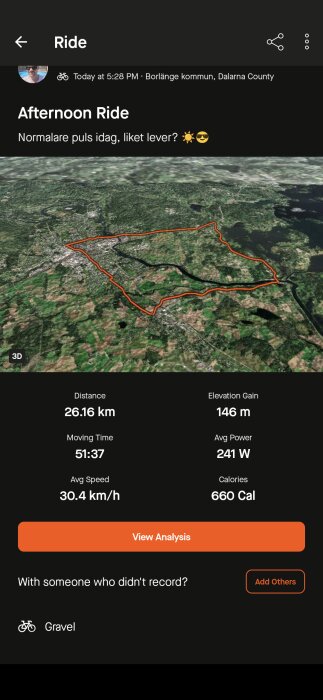 En karta visar en cykelrutt i Borlänge kommun, Dalarna. Ruttlängd: 26,16 km, höjdökning: 146 m, tid: 51:37, hastighet: 30,4 km/h, kalorier: 660, snittkraft: 241 W.